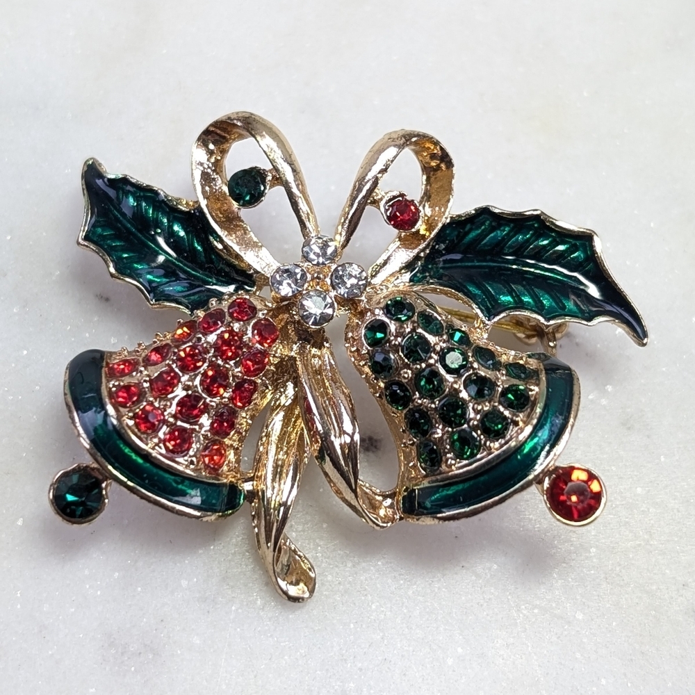 FREE WITH PURCHASE Christmas Bell Brooch with Rhinestones